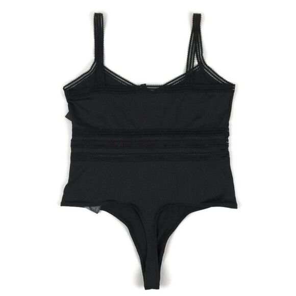 NEW Guess Olya Crochet Trim Bodysuit Women's XL Black Ribbed Knit Stretch V-Neck - Picture 3 of 12